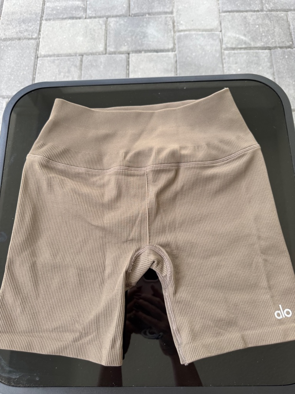 ALO Yoga Ribbed High-Waist Bike Shorts in Taupe